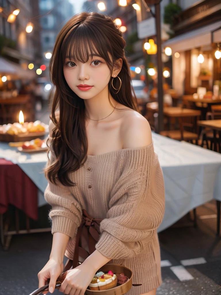 1 girl, long hair, looking at viewer, smiling, brown hair, dress, bare shoulders, jewelry, earrings, food, indoors, off shoulder, window, night, cake, city, candles, streetscape, balloons, city lights, birthday cake, miniskirt