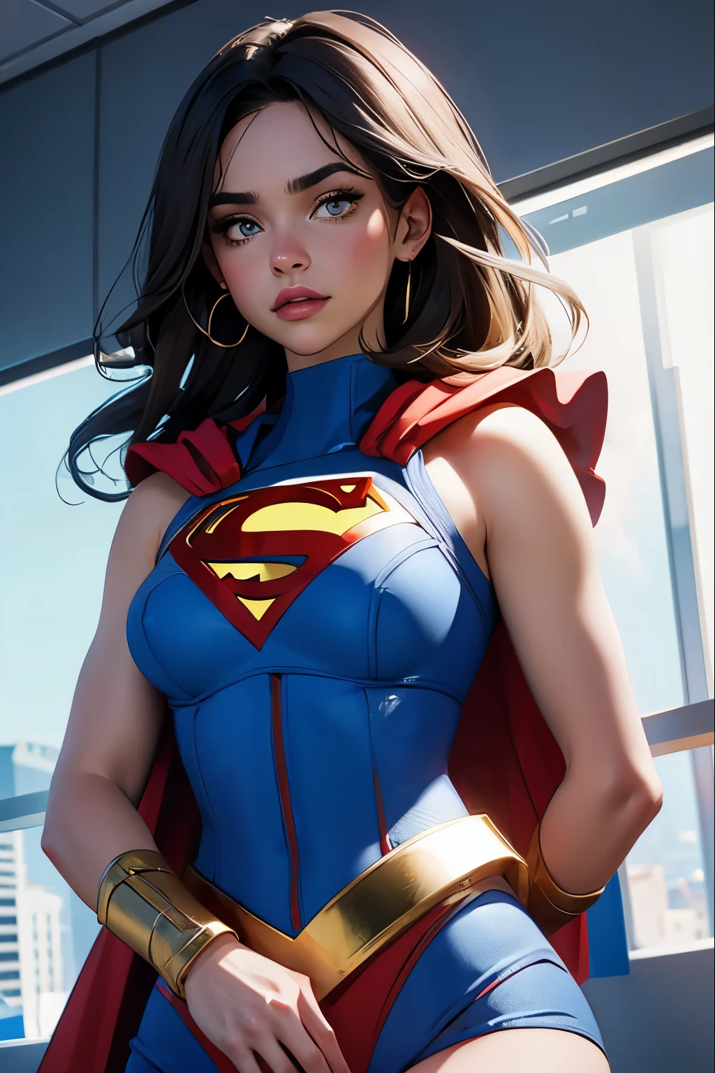 (Dominican: Caribbean:1girl:Supergirl), (extremamente detalhado CG unidade 8k papel de parede),(master part), (best quality), (ultra-detalhado), (best illustration),(melhor sombra), cowboy shot, (Sharp eyeliner, sombra, olhos detalhados:1), Fundo da cidade, ,quebrar , (star15escola:1.2), ornamento de cabelo, Nueva York