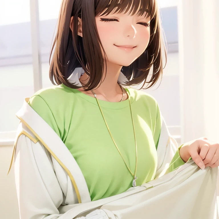 High resolution,In 8K,highest quality,detailed,Semi-realistic anime,Anime 3D Style,Smooth anime CG,One Girl,19-year-old woman in Japan,slim,Modeled,Shiny brown hair,Medium Hair,detailedな顔,Beautiful and detailed,Glowing Skin,Short-sleeved shirt,necklace,straggling hair,Angelic hairstyle,Small breasts,((Eyes closed and smiling)),Looking at the audience,