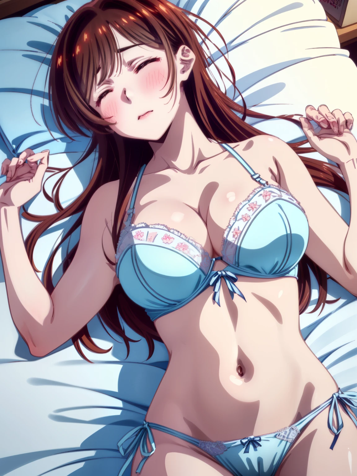 ((Browsing Caution:1.4, masterpiece, highest quality, High resolution, 超High resolution, Perfect Pixel, Depth of written boundary, 4K, RTTX 10.0, High resolution))), (One girl:1.3), Beautiful Anime Girls, Beautiful art style, Anime characters, (, ((Detailed face, Blushing:1.2)), ((Smooth texture:0.75, Realistic texture:0.5, Anime CG Style)), ((Beautiful and large breasts, Cleavage)), indoor, Bedroom, Perfect body, Slender body, (Underarm:1.4), ((Sleeping in bed, (lying on one&#39;s back:1.6), sleepy, close your eyes, Lying in bed, Sleeping pose:1.2)), ((close, throw, cute, a sighing expression)), (Light blue bra, light blue lingerie, Light blue side-tie panties:1.5)), (Natural light, Reflection of light, Morning Scenery), (There&#39;s a lot of sticky white cream on my face.:1.3), (ねばねばの白い生クリームがCleavageについている:1.3),(Open your mouth wide:1.3)), breathe on your shoulders, sexual pleasure expression, Hold your pee、Patience is the limit、On the brink of climax), (Perfect Anatomy, Perfect number of arms, Perfect hands)、Chizuru Ichinose、cuteアニメイラスト、Chizuru Ichinoseの髪型