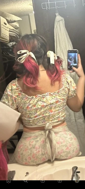 woman with pink hair taking a picture of herself in the mirror, wearing pink hair bow, pigtails, colorful pigtail, wearing underwear, with pink hair, back of the hair, roses in her hair, pink hair covered with hairpins, view from the back, curvy and bow, shot from the back, thick bow, insanely inflated hips, beautiful girl, big ass, huge ass, bbw, from behind, thick, thick thighs, wide hips, bbw, big , sideboob, giant ass, side view, big butt, round butt, tight underwear, underwear halfway off, underwear taking off, grabbing ass, ass spilling over underwear, too thick for clothes, side angle, chubby stomach, big , filipina, naked fat ass on sink riding a dildo, giantess 