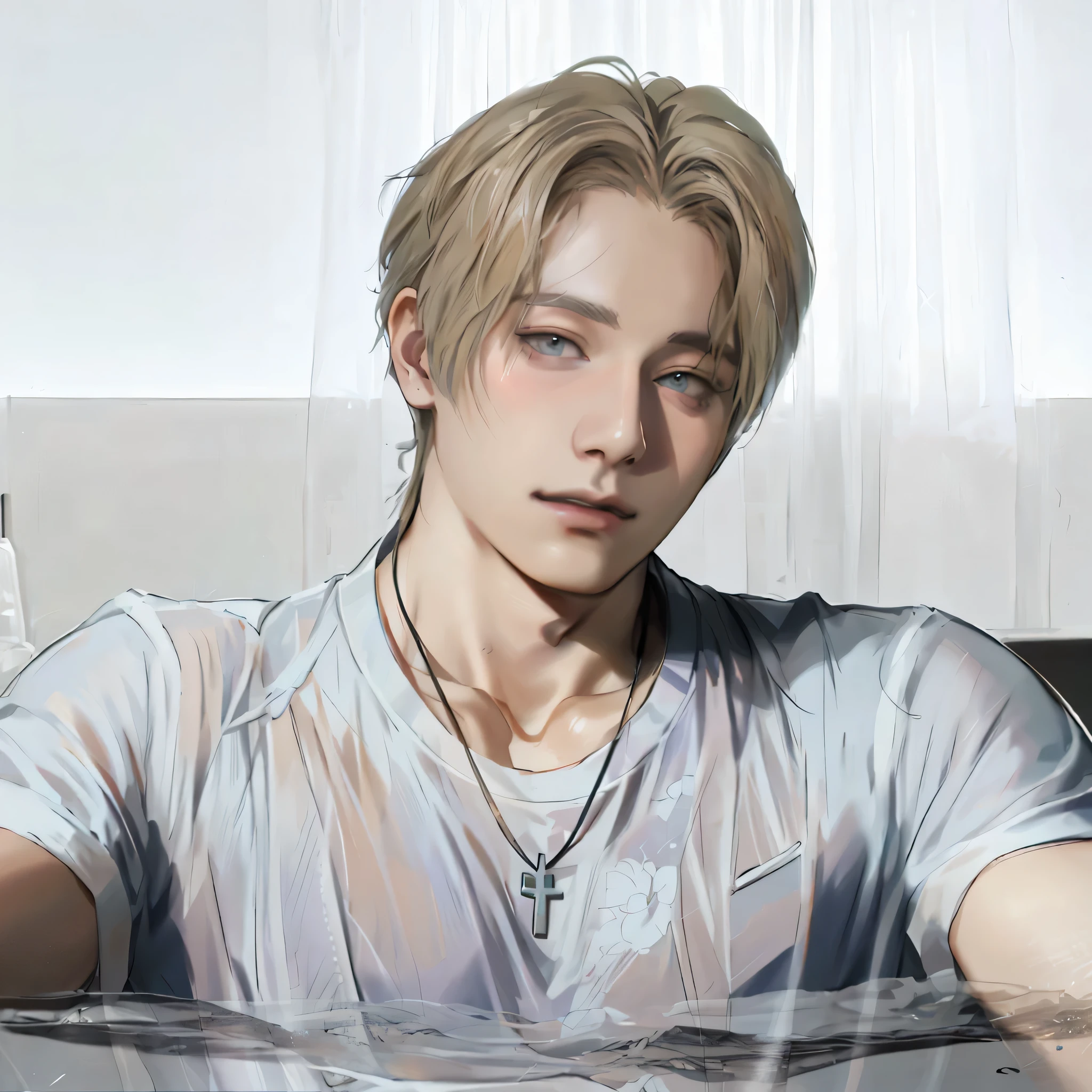 There is a man sitting in a bathtub with a necklace on, cai xukun, inspirado en Yanjun Cheng, xqc, inspirado en Bian Shoumin, realistic art style, kpop idol portrait, inspirado en jeonseok lee, Yanjun Chengt, chico guapo en el arte de Demon Slayer, inspirado en Kim Deuk-sin, realism artistic style