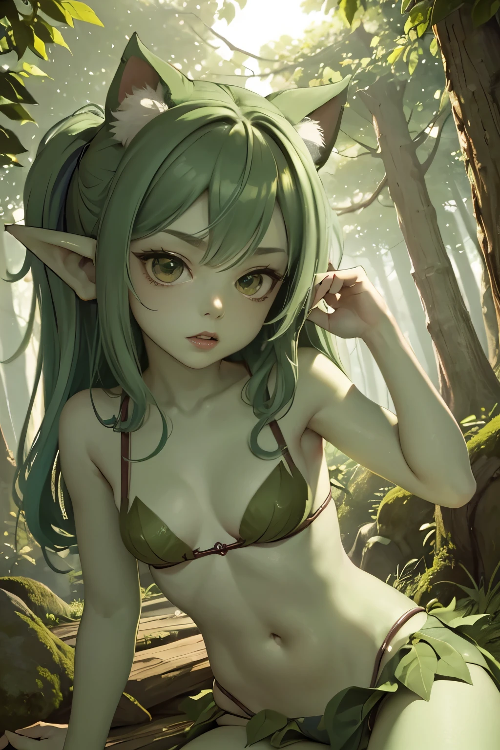 ((best quality)), ((masterpiece)), (detailed), 4k, green skin, pointy ears, goblin girl with multicolor hair, sexy, absurdres, soft skin, small breasts, in forest, wearing leaf bra and leaf skirt