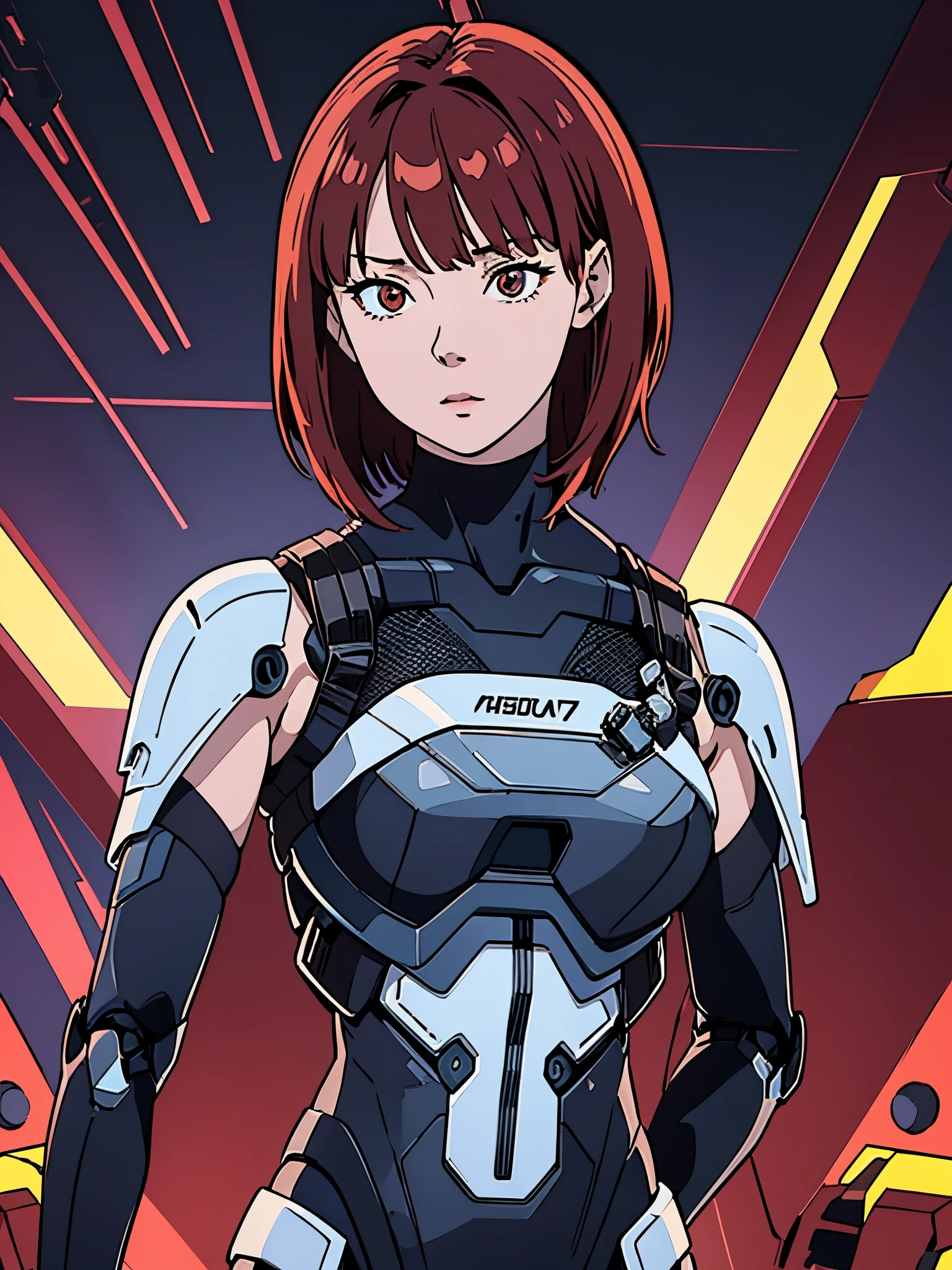 digital art drawing, illustration of (Winter from k-pop group aespa, short red hair with bangs, brown eyes, flat chest, cyborg girl, android, droid, mechanical fusion, exoskeleton, metal robotic arms, evil look, wires and cables connecting to the head, neon details, cyberpunk 2077), anime drawing/art, bold linework, illustration, digital art, masterpiece, flat illustration, no shadows, 8k resolution, high detail, vector art, only anime, perfect eyes, perfect hands, perfect fingers, sharpness, high clarity, medium shot, high fidelity