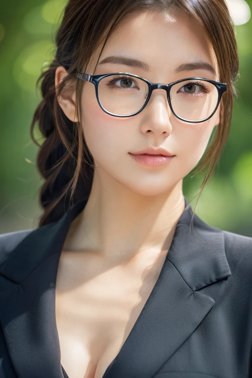 sexy、Inconspicuous、quiet、beautiful girl、Japanese、Beautiful breasts、ponytail、suit、Round face、thin, Round Glasses、job hunting、Big Breasts,Ultra-Realistic Capture, Very detailed, High resolution 16K human skin close-up. Skin texture must be natural, So detailed that even pores can be distinguished. Skin looks healthier, In a unified tone. Use natural light and color,(RAW Photos, highest quality), highest quality, Very detailed, masterpiece, Super detailed