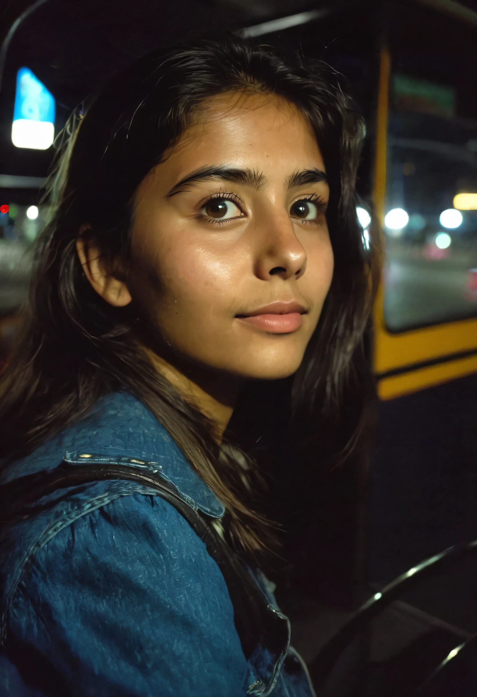 I was about 20 years old, en un autobus,, fondo de la ciudad, Noche, (mejor calidad: 0.8), (mejor calidad: 0.8), Cara oscura y poco clara, ojos brillantes