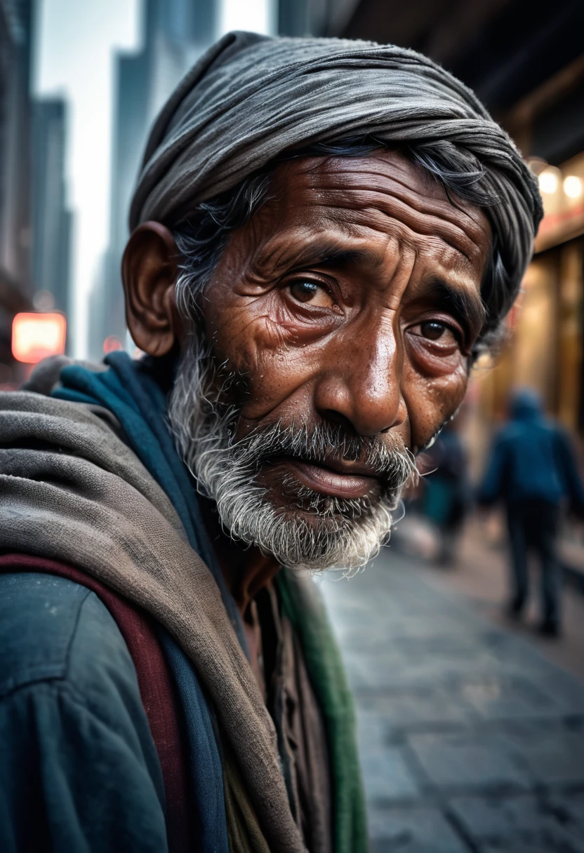 A beggar on the streets, a symbol of societal inequality and human resilience, silently pleading for empathy amidst the rush of urban life. His weathered face and worn-out clothes narrate tales of hardship and shattered dreams, a poignant reminder of the unseen struggles endured by the marginalized. Amidst the towering skyscrapers, he remains a forgotten soul, seeking solace in the kindness of strangers, a glimmer of hope flickering in his eyes amidst the darkness of poverty 4k high quality realistic 