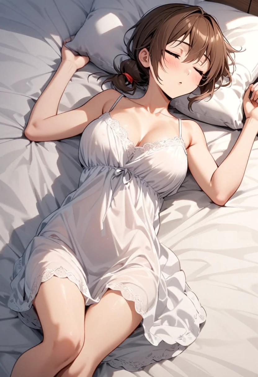 Italian girl, 25 years old, short brown hair tied up, slim, busty, sleeping in a bed, wearing a nightgown