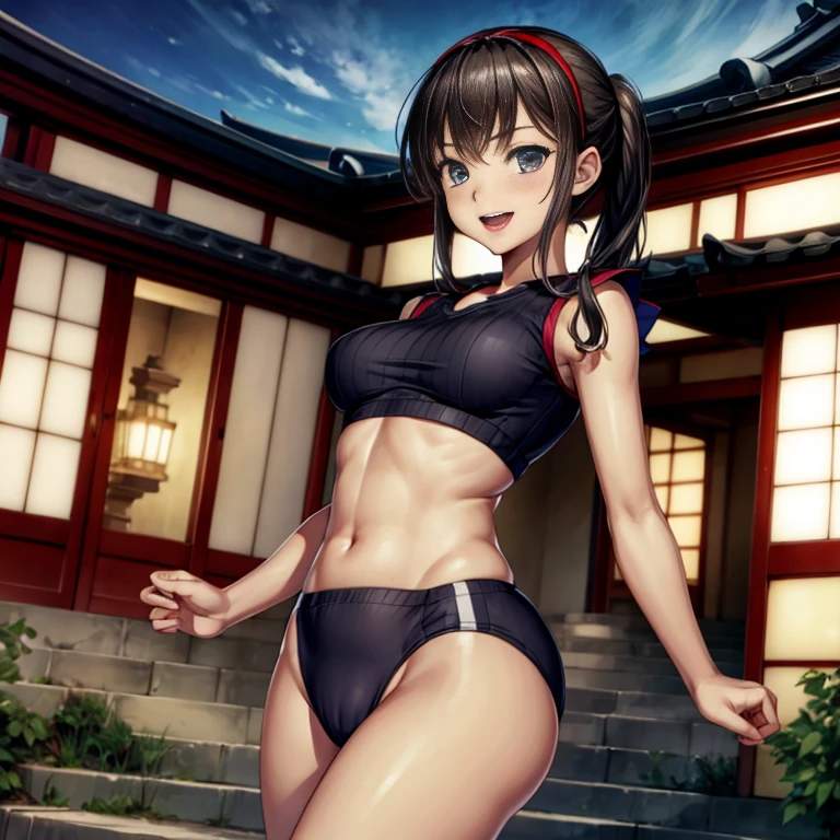 (Highest quality, Masterpiece), (Beautiful Japanese girl, ), (freckles:0.6), ponytail, smile, exercise, medium breasts, Show your belly, ((camel toe)),