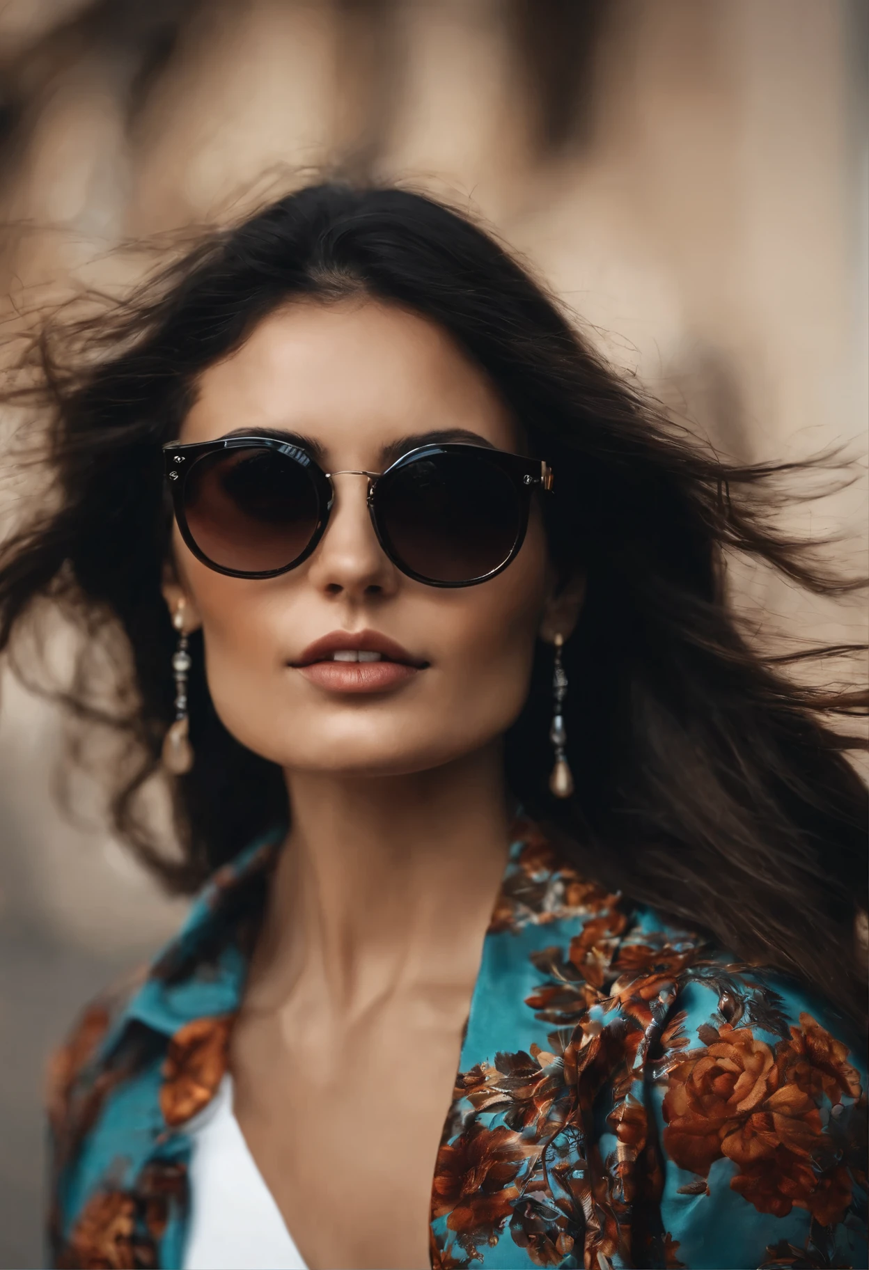 Centrado perfecto, Un lindo ratoncito, Use una chaqueta del equipo estudiantil, usar gafas de sol, Usar auriculares, cheerfulness, standing up position, Belleza abstracta, centrado, Looking at the camera, in front of camera, nearing perfection, dynamic, Altamente detallado, Suave, sharp focus, 8k, high-definition resolution, illustration, arte de Carne Griffiths y Wadim Kashin, fondo blanco,hyperrealism photography, Cute , 30 years old, Cabello largo moreno, vestido largo negro ajustado, k, Obra maestra, sharp photo, Mirando al espectado, wearing sunglasses, prada sunglasses