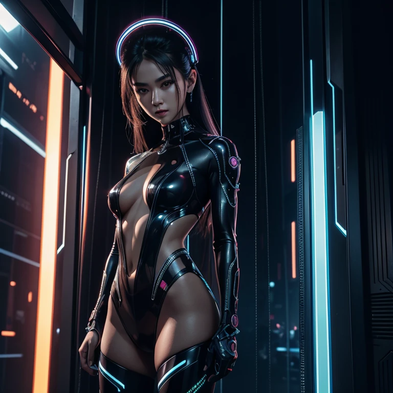 naked girl with sexy figure, cyberpunk style, I stand tall, dressed in neon mesh, against the backdrop of incredibly fantastic alien landscapes, 4k, 8K, Maximum realism, on the body only clothes made of transparent neural mesh and combat implants, emphasizing body lines , Photorealistic graphics, maximum attention to facial quality, HDMI, HD, high quality photo, PHOTO-REALISTIC BODY AND FACE, special attention to detail on the face and body. transparent, high-quality images of the face and body.