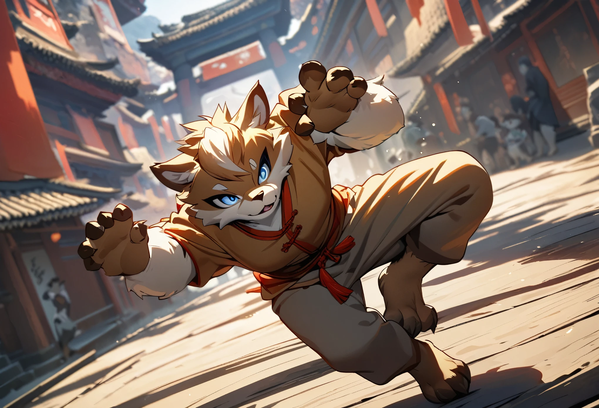 dynamic angle, top quality, best quality, High-quality illustrations, masterpiece, super high resolution, detailed background, detailed background, kung fu film, action, absurdres(highly detailed beautiful face and eyes)perfect anatomy, expression, good lighting, cinematic shadow(kemono, furry anthro),