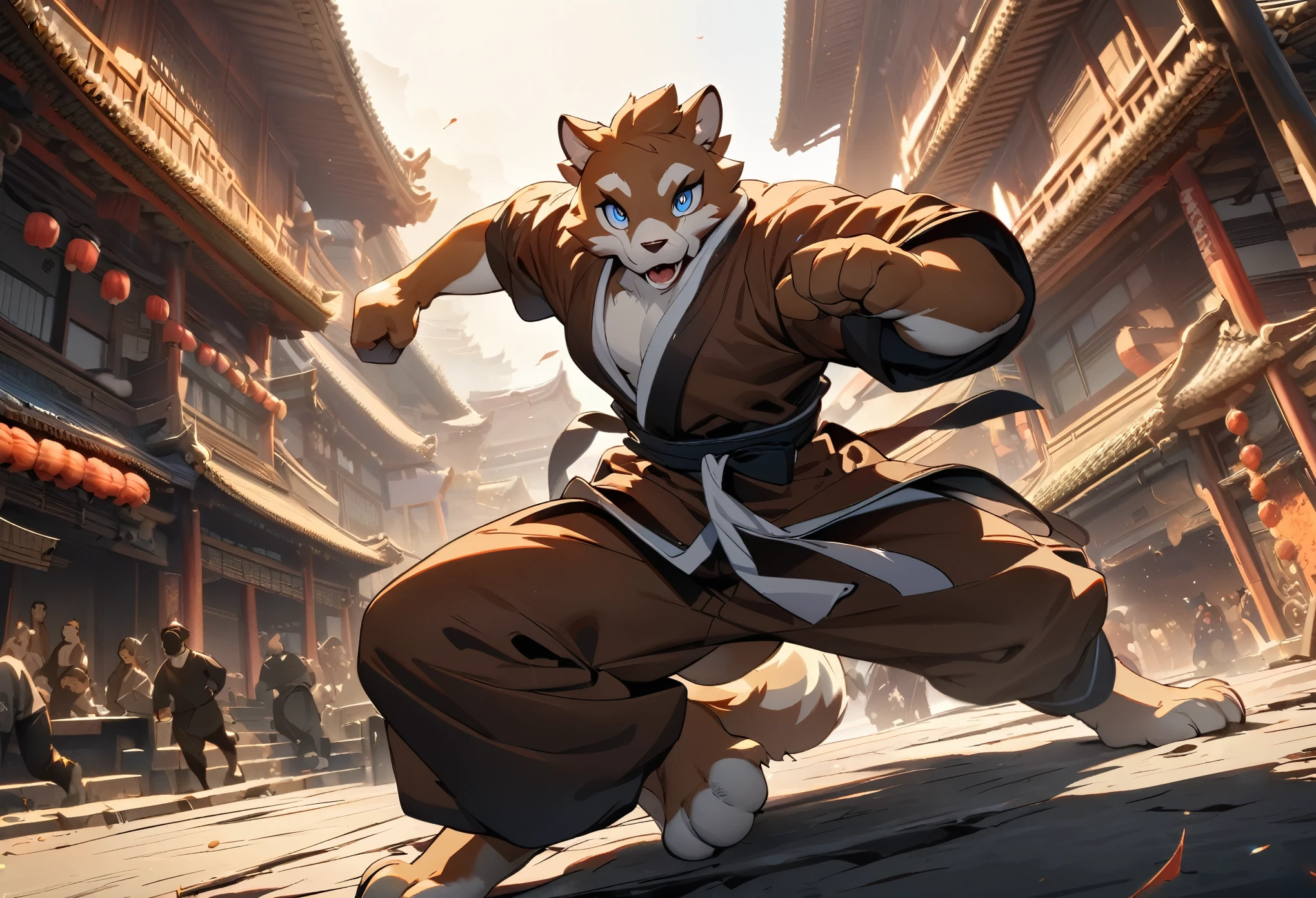 dynamic angle, top quality, best quality, High-quality illustrations, masterpiece, super high resolution, detailed background, detailed background, kung fu film, action, absurdres(highly detailed beautiful face and eyes)perfect anatomy, expression, good lighting, cinematic shadow(kemono, furry anthro),
