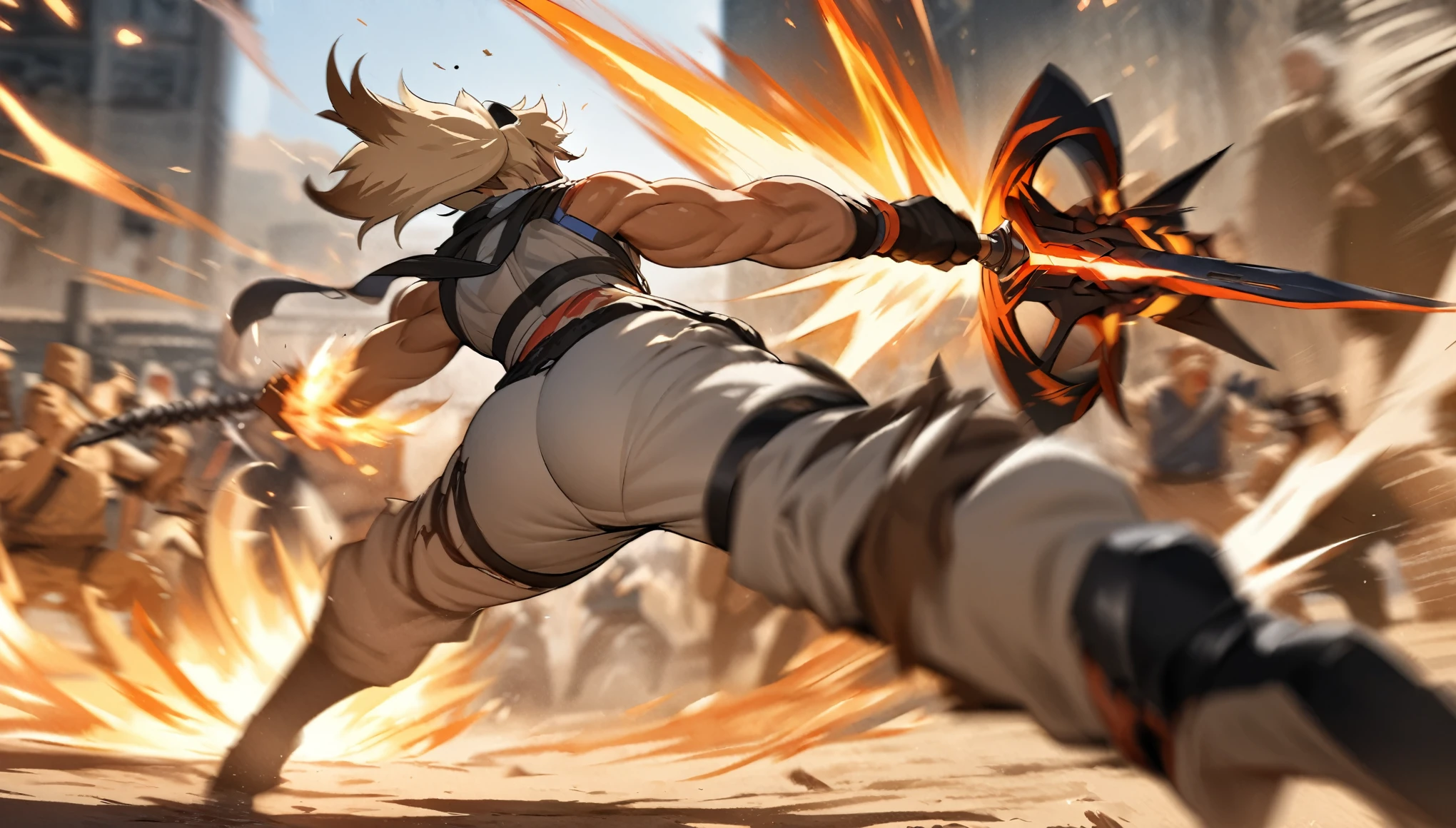 top quality, high-quality illustrations((masterpiece))depth of field, motion blur, absurdres, Perfect Anatomy, magnificent picture of kemono fighting fierce battles, kemono, 1boy, solo focus, Anthro((dramatic))epic, weapon, dynamic pose, One scene of movie,