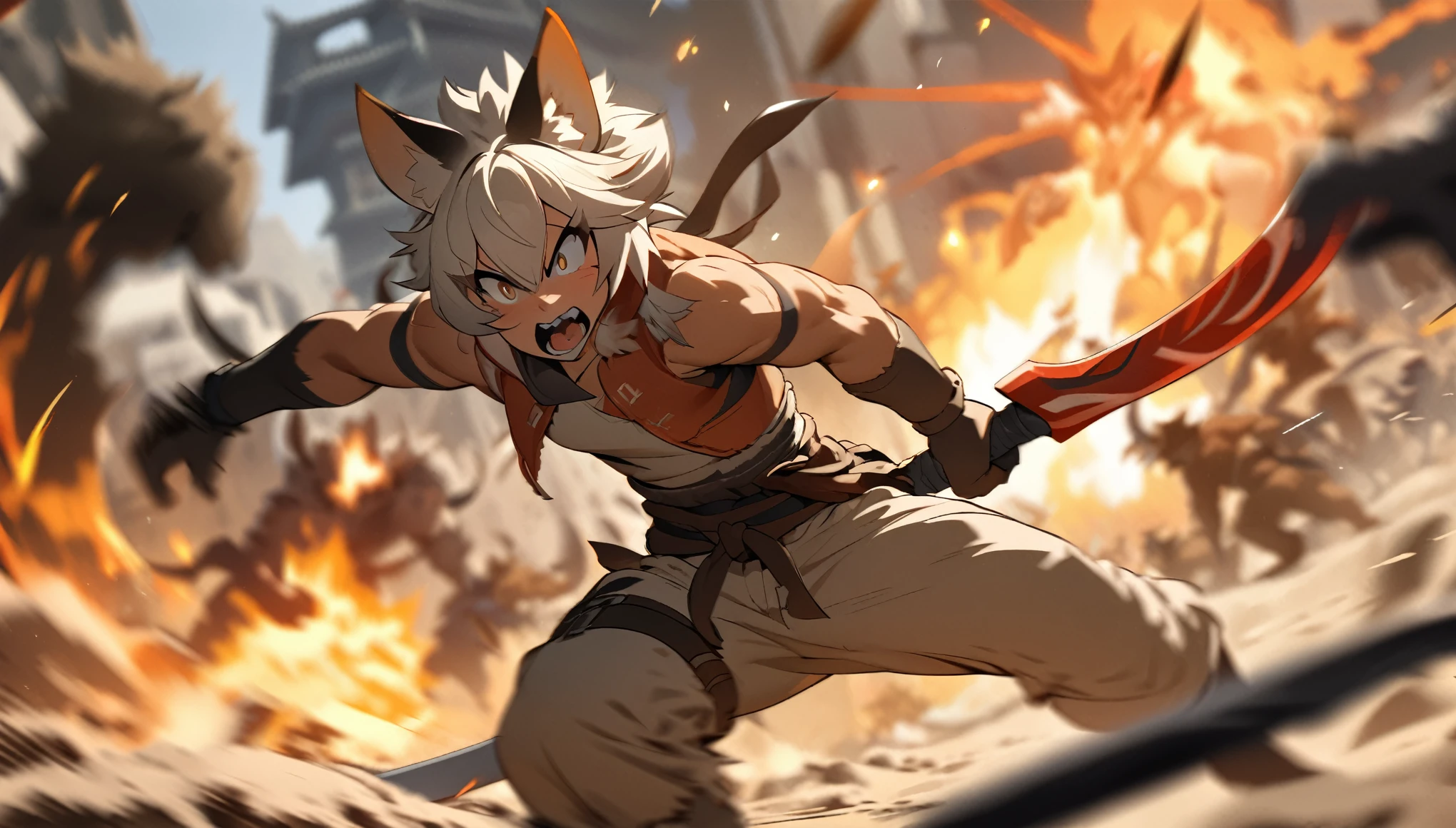 top quality, high-quality illustrations((masterpiece))depth of field, motion blur, absurdres, Perfect Anatomy, magnificent picture of kemono fighting fierce battles, kemono, 1boy, solo focus, Anthro((dramatic))epic, weapon, dynamic pose, One scene of movie,