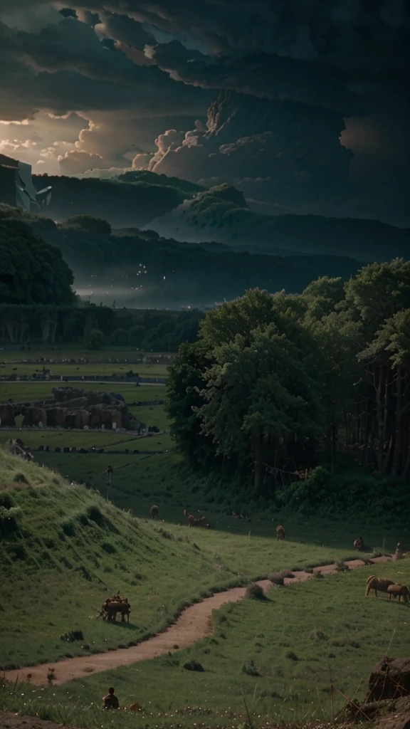 in the year 54 BC in Gaul, land of legends and mysteries. Under the wild sky, Julius Caesar encountered fierce tribes, whose warriors were like shadows in the deep forests. hyper realistic image 8k uhd 5d panoramic view. cinematic effect.