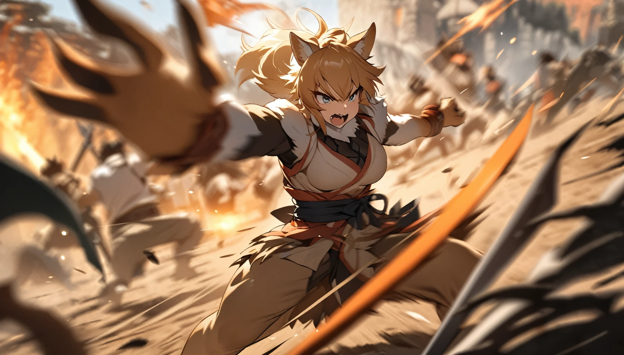 top quality, high-quality illustrations((masterpiece))depth of field, motion blur, absurdres, Perfect Anatomy, magnificent picture of kemono fighting fierce battles, kemono, 1boy, solo focus, Anthro((dramatic))epic, weapon, dynamic pose, One scene of movie,