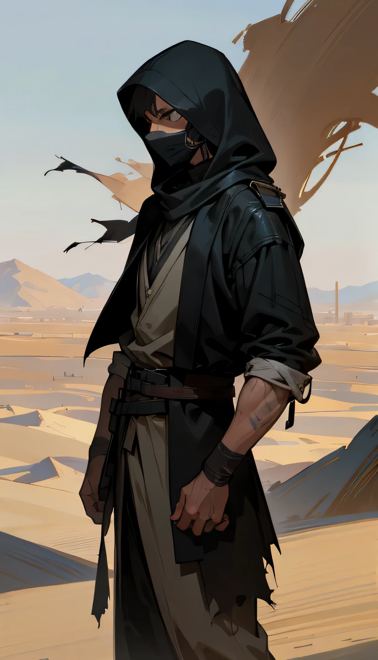 an assassin wearing shrouded torn clothes in the desert, menacing look on his face. young male, sharp eyes