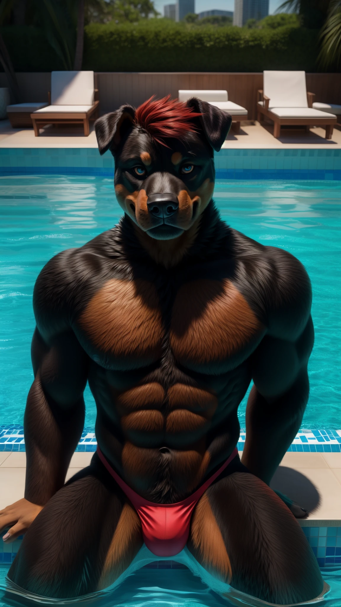 An adult male muscular rottweiler fursuit alone at home in the pool posing for camera looking at the viewer mesmerizing beautiful eyes and wearing the thong extremely provocative and sensual red hair