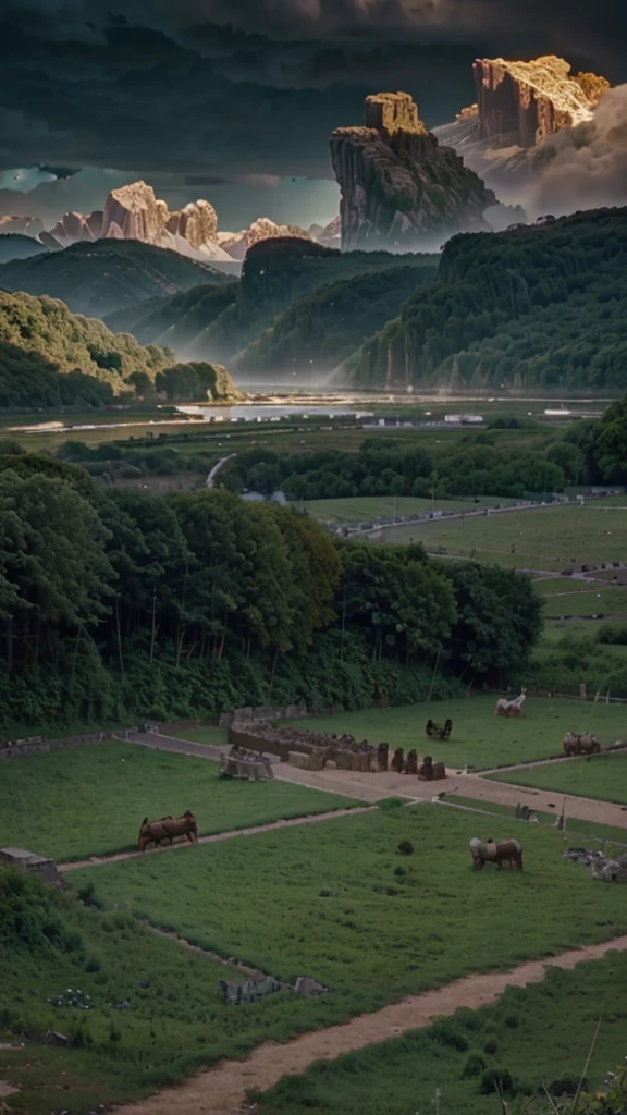 in the year 54 BC in Gaul, land of legends and mysteries. Under the wild sky, Julius Caesar encountered fierce tribes, whose warriors were like shadows in the deep forests. hyper realistic image 8k uhd 5d panoramic view. cinematic effect.