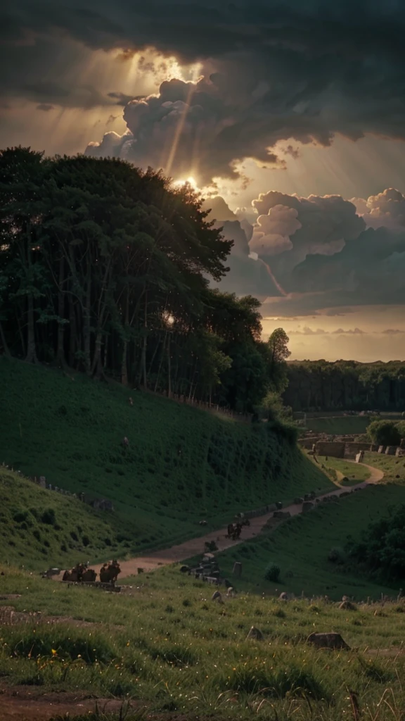 in the year 54 BC in Gaul, land of legends and mysteries. Under the wild sky, Julius Caesar encountered fierce tribes, whose warriors were like shadows in the deep forests. hyper realistic image 8k uhd 5d panoramic view. cinematic effect.