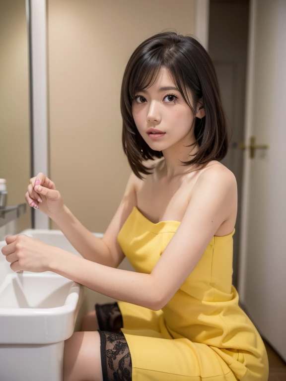 ((masutepiece, Best Quality, hight resolution, nffsw, Perfect Pixel, depth of fields, 4K, )), 1girl in, Solo, , Beautiful anime girl, Beautiful Art Style,
squatting:1.3, bathroom background, Looking at viewer.
Perfect body, serious face, show teeth, front facing:1.4, bare feets:1.2,
isshiki iroha, medium breasts, Full face blush, black stockings, yellow dress,
straight-on:1.3, medium shot