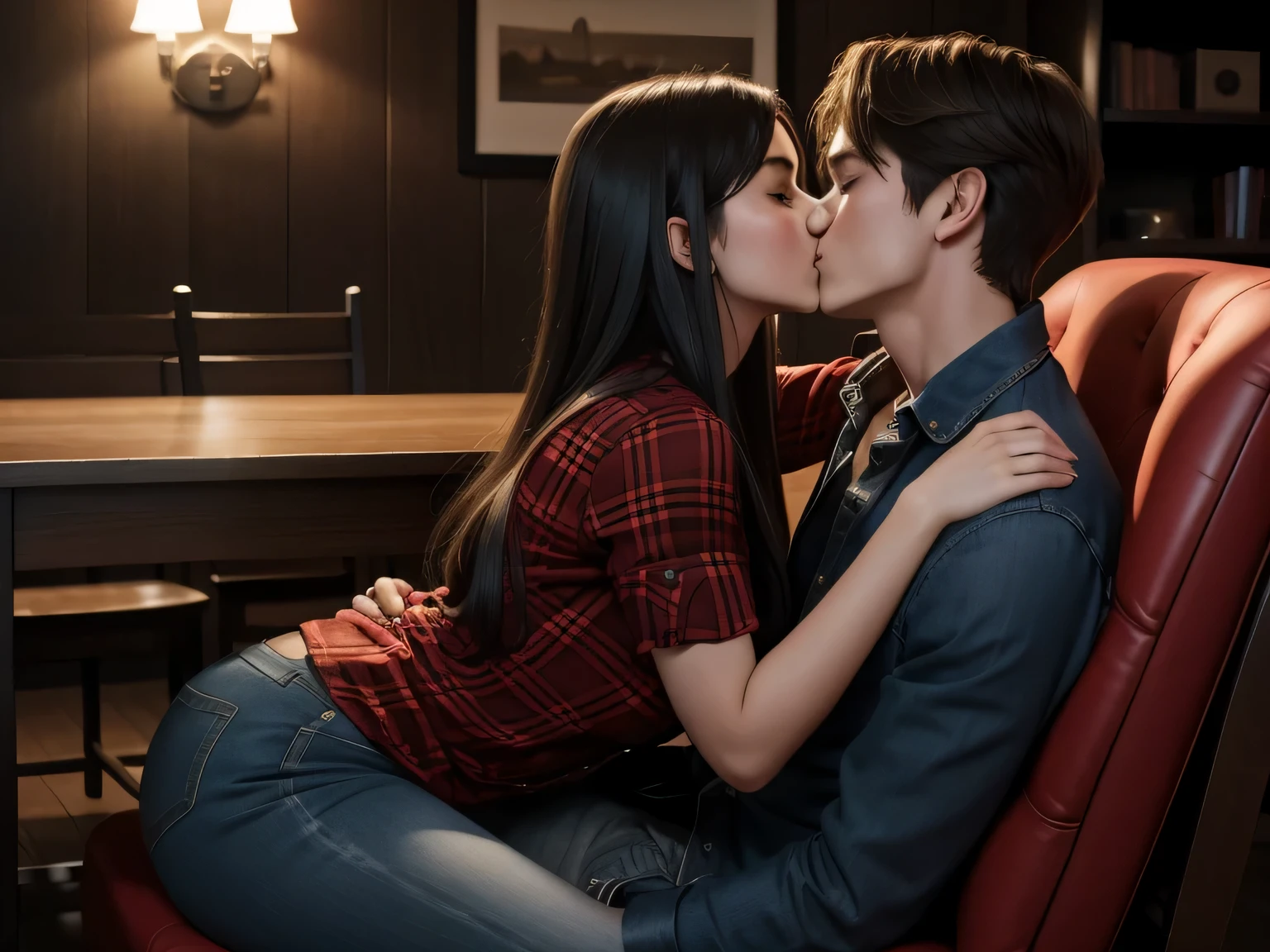 Young sexy girl wearing a red dress sitting on lap of young boy wearing a red and black flannel shirt and jeans who is sitting on a chair, kissing, making out, passionately, dim lighting, sexy, hot, lustful