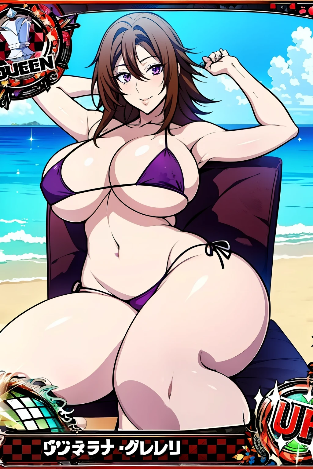 An anime-style artwork depicting Venelana Gremory from the anime High School DxD.
Tags: Venelana Gremory, anime, detailed eyes, detailed lips, ass, bare shoulders, 1girl, brown hair, (purple eyes:), (micro bikini : 1.4), solo, huge breasts, smiling expression, intense gaze, dynamic pose, outdoor, beach, (lying on sun lounger), vibrant colors, digital art, high-resolution, professional quality, gigantic breasts, (underboob : 1.4), curvy, cowboy shot, (gigantic breasts: 1.4),