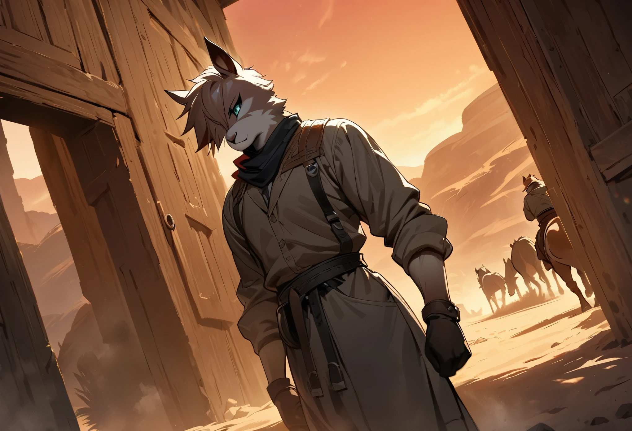 top quality, best quality, High-quality illustrations, masterpiece, super high resolution, detailed background, The desolate and rugged desert landscape at sunset, with the sky turning shades of red and the dry earth stretching into the distance, Cowboys racing across the prairie, stirring up dust as the sound of horse hooves echoes through the air, A lone sheriff standing at the entrance of a saloon, with a wooden sign swaying gently behind him, A gunslinger suddenly emerging from the shadows, his sharp gaze and the silence creating a tense atmosphere, absurdres, perfect anatomy, expression, good lighting, cinematic shadow(kemono, furry anthro)dynamic angle,