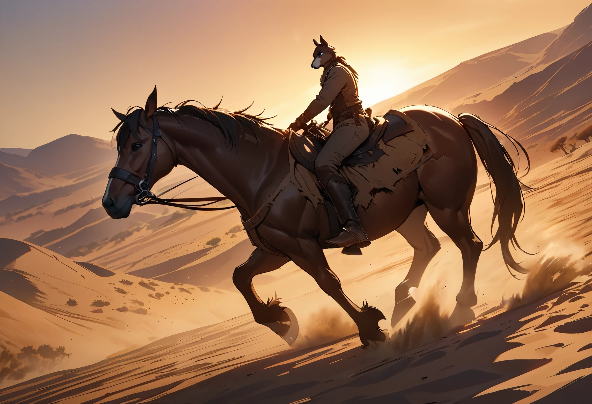 top quality, best quality, High-quality illustrations, masterpiece, super high resolution, detailed background, The desolate and rugged desert landscape at sunset, with the sky turning shades of red and the dry earth stretching into the distance, Cowboys racing across the prairie, stirring up dust as the sound of horse hooves echoes through the air, A lone sheriff standing at the entrance of a saloon, with a wooden sign swaying gently behind him, A gunslinger suddenly emerging from the shadows, his sharp gaze and the silence creating a tense atmosphere, absurdres, perfect anatomy, expression, good lighting, cinematic shadow(kemono, furry anthro)dynamic angle,