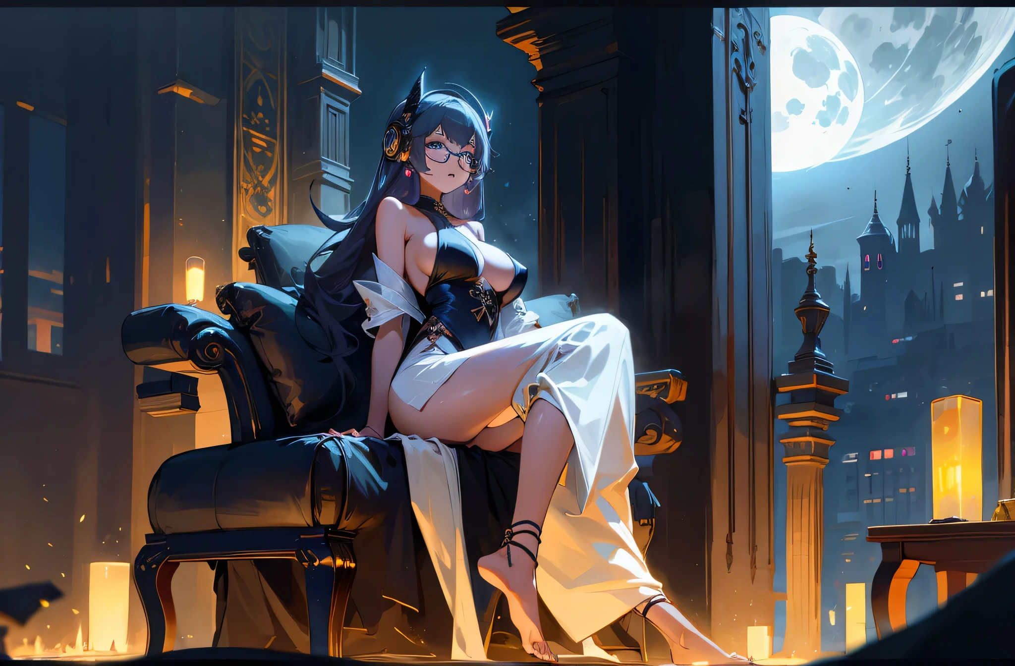 A woman wearing a bathrobe and headphones is sitting on a sofa、A beautiful night view behind、big breasts、sexy、Room with a night view、moonlight、exposed、half naked、Downlight、full moon、Stylish room with fireplace、black tabby glasses、silver hair
