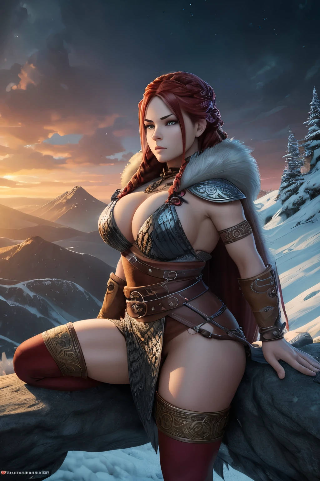 Beautiful Northen dwarf warrior Female, Fair Skin, Long red Braided hair, two braids, celtic tattoos, fur boots, ornate metal bikini armor, leather stripes loincloth, leather belt, on a snowy mountaintop, amazing beautiful athletic toned body, Beautiful D&D Character Portrait, Ominous, Dark Fantasy, Detailed, Fiverr Dnd Character, Octane Render, Digital Art, Extreme Detail, 4k, Ultra Hd, Polished, Beautiful, Hyperdetailed, Intricate, Elaborate, Meticulous, Anime Character, Detailed, Sharp Focus, Wlop, Character Design, Unreal Engine, 3d Rendered, Volumetric Lighting, Reflections, Glossy, Digital Illustration,Unreal Engine, 3d Rendered, Volumetric Lighting, Reflections, Glossy, Digital Illustration, Sensual Pose, Suggestive Pose, Full Body Shot, anatomically correct 💖❤💕💋❣