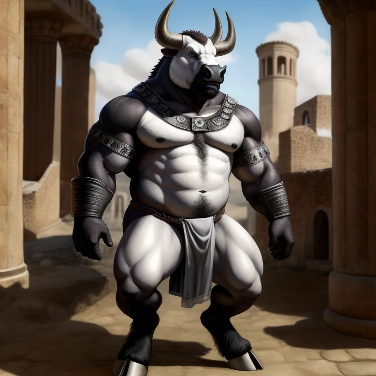 Furry, Antro, BULL Black, loincloth white, hooves, medieval, Furry Black, Black Dark Silver Plateado Metal, Solo, Cuerpo Completo, Toro, fundoshi white, bulto macho, Fondo Coliseo Romano, Fundoshi Color Blanco, Detallado, Gran Calidad, Realista