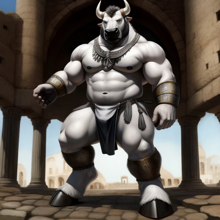 Furry, Antro, BULL Black, loincloth white, hooves, medieval, Furry Black, Black Dark Silver Plateado Metal, Solo, Cuerpo Completo, Toro, fundoshi white, bulto macho, Fondo Coliseo Romano, Fundoshi Color Blanco, Detallado, Gran Calidad, Realista