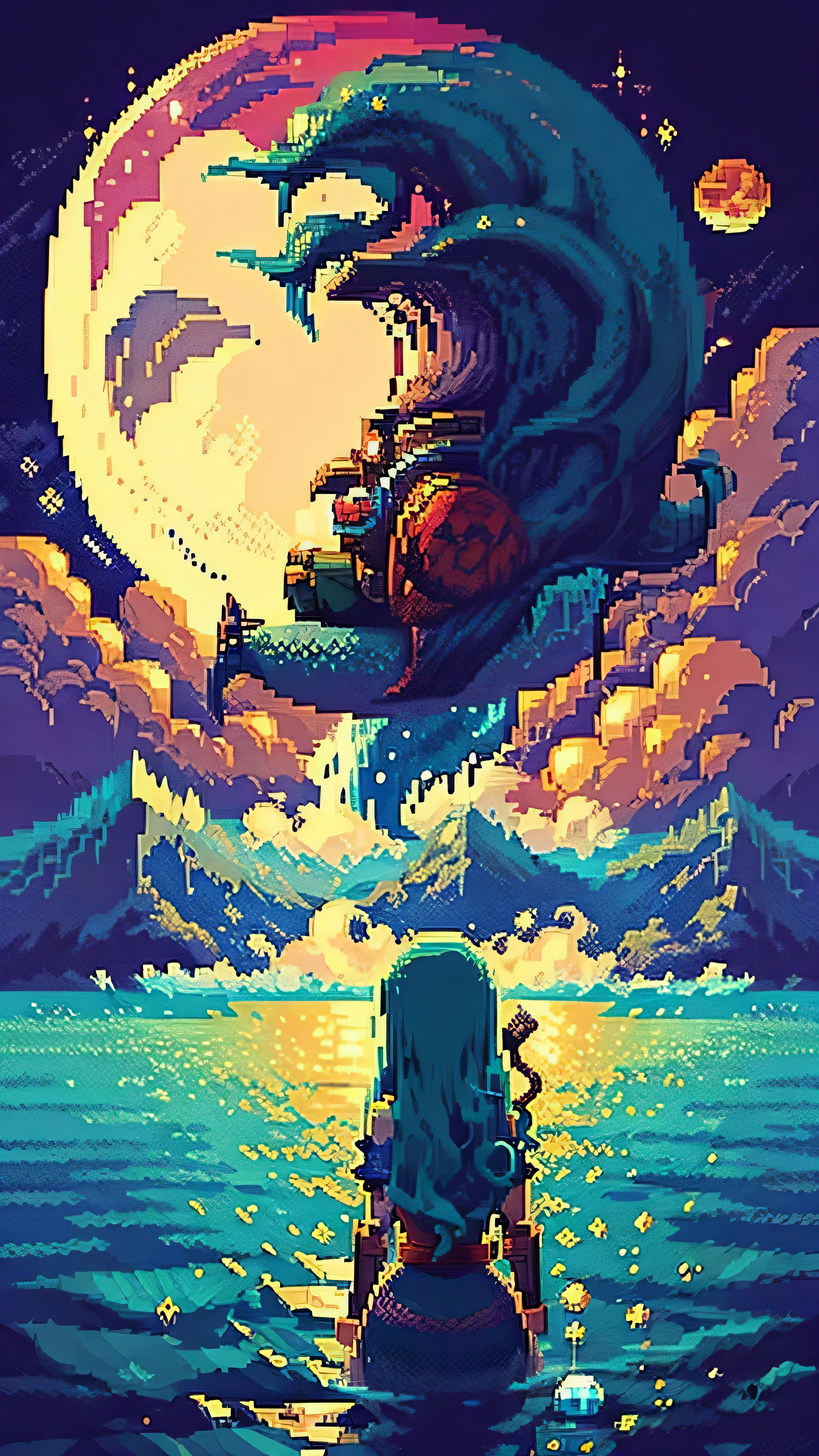 Pixel art of giant moon rising over calm sea, beautiful detailed pixel art, detailed pixel art, Lo-fidel retro video games, Concept Pixel Art, detailed pixel artwork, Pixel art style, pixel town, Pixel Art Animation, High-quality pixel art, Dolphins jump off the surface of the sea, super detailed color lowpoly art, #pixel art:3, # pixel art, #pixel art