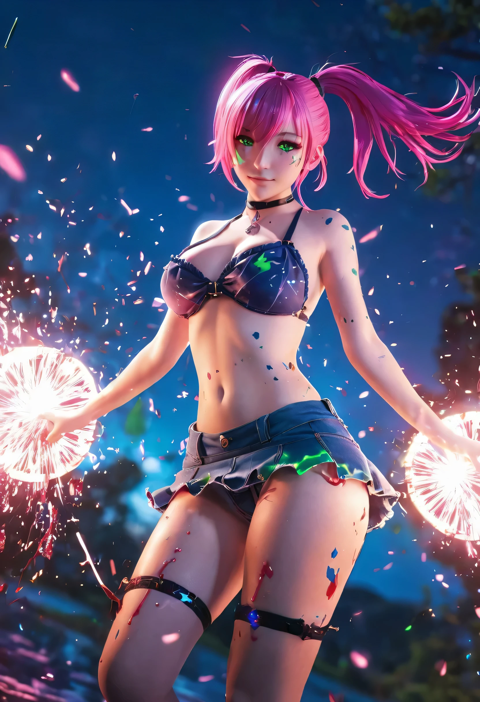 1girl,net bikini jeans, ponytail ,pink hair, green eyes, magic circle, blue flames, wallpaper, landscape, blood, blood splatter, depth of field, night, light particles, light rays, sidelighting, thighs, fate \(series\), genshin impact, ****, skirt, thighhighs, big