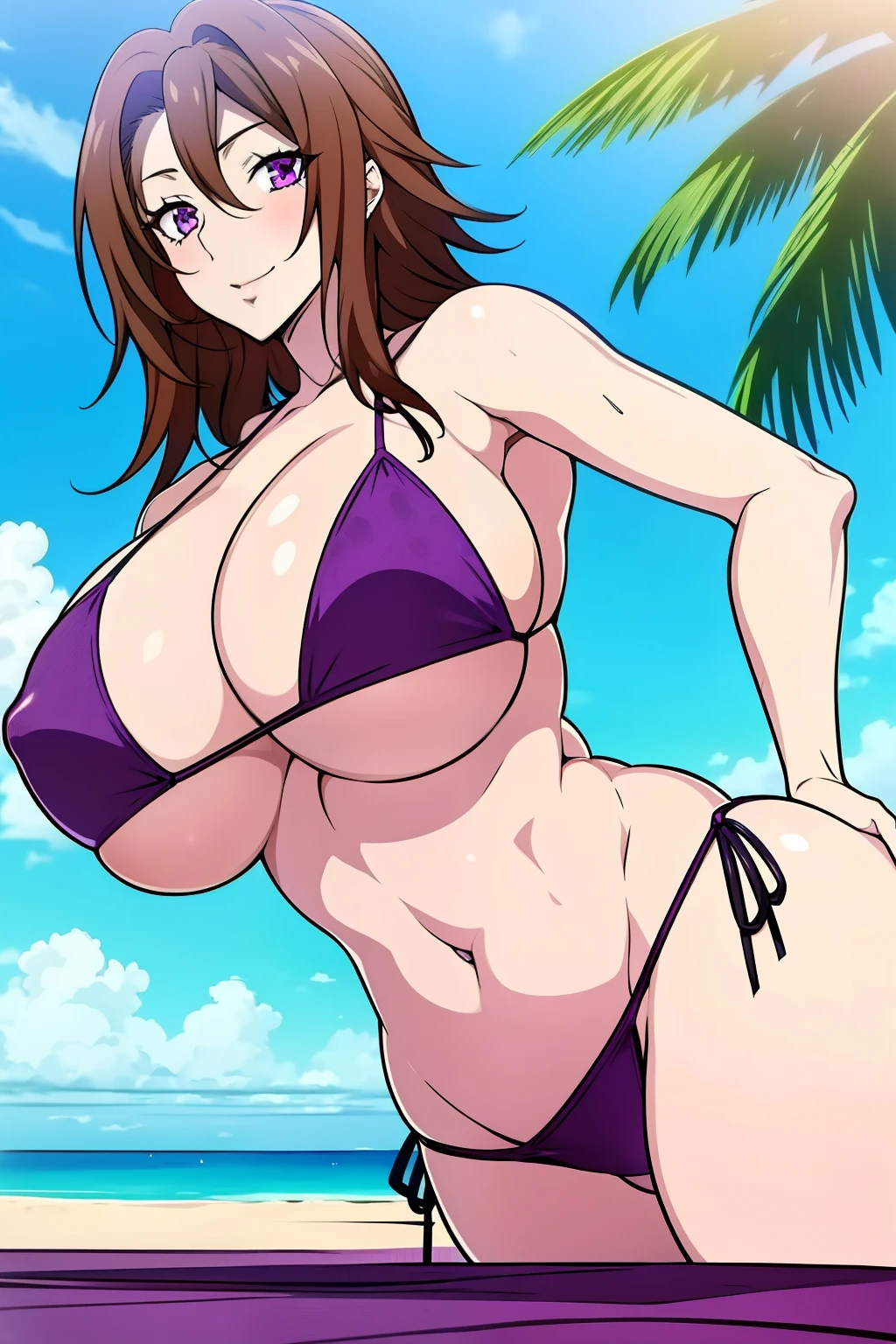 An anime-style artwork depicting Venelana Gremory from the anime High School DxD.
Tags: Venelana Gremory, anime, detailed eyes, detailed lips, ass, bare shoulders, 1girl, brown hair, (purple eyes:), (micro bikini : 1.4), solo, huge breasts, smiling expression, intense gaze, dynamic pose, outdoor, beach, (lying on sun lounger), vibrant colors, digital art, high-resolution, professional quality, gigantic breasts, (underboob : 1.4), curvy, cowboy shot, (gigantic breasts: 1.4),