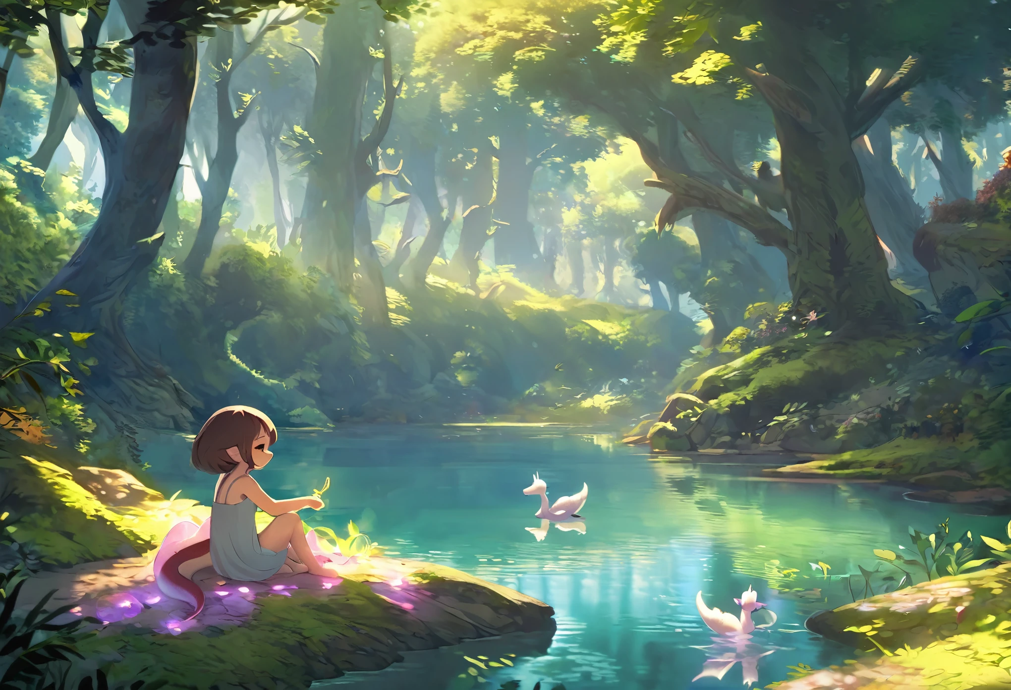 cover page, anime key visual, highres, top quality, best quality, paid reward available, High-quality illustrations, unparalleled masterpiece, perfect artwork, absurdres, Gentle scene, animated style, young girl, tenderly petting, head, body, newly hatched, baby dragon, lush forest, dense, lake, enchantment, magic, strong bond, friendship, rich colors, vibrant, magical environment, forest, lake, soft lighting, dappled, dreamlike, peaceful atmosphere, cinematic lighting,