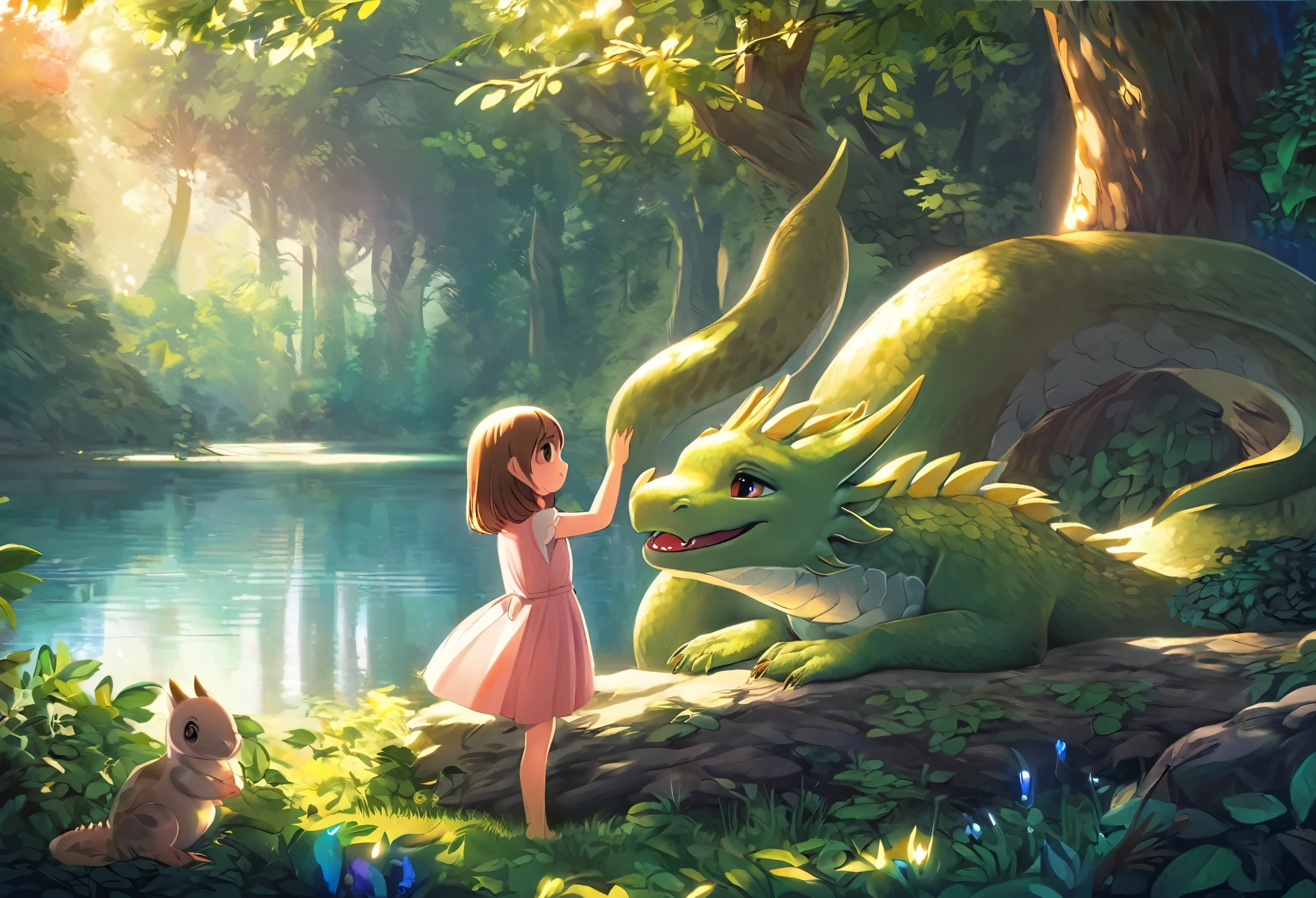 cover page, anime key visual, highres, top quality, best quality, paid reward available, High-quality illustrations, unparalleled masterpiece, perfect artwork, absurdres, Gentle scene, animated style, young girl, tenderly petting, head, body, newly hatched, baby dragon, lush forest, dense, lake, enchantment, magic, strong bond, friendship, rich colors, vibrant, magical environment, forest, lake, soft lighting, dappled, dreamlike, peaceful atmosphere, cinematic lighting,