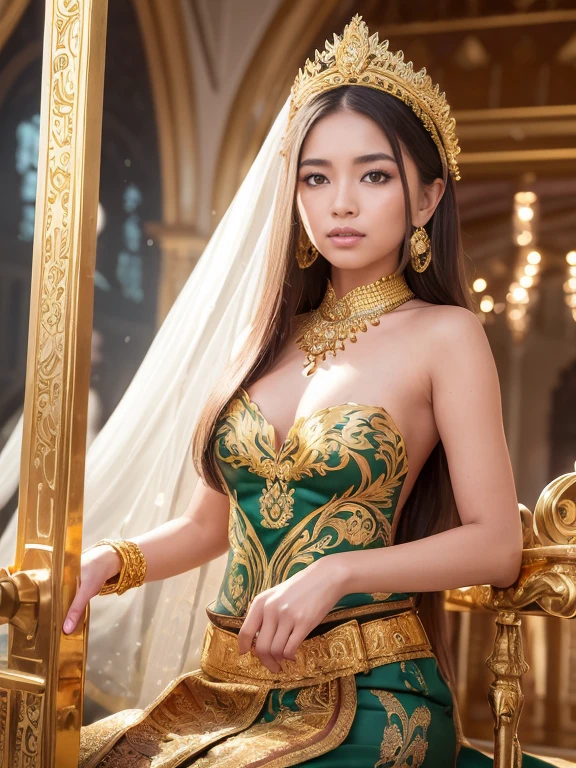 A golden carriage being pulled by 4 white horses, a Javanese woman sitting in the carriage, a beautiful woman with a charming smile, long hair, wearing a small gold crown, jasmine rojce hanging down her chest from ear to chest, wearing a green camisole (kemben), lots of gold jewelry, The yellow shawl, gold obi, lots of jewels, create hyper realistic, detailed photos, facing the camera, the beautiful and charming queen of the Javanese kingdom. long waving hair, wearing traditional Javanese queen clothing, green kemben (camisole) luxurious gold necklace with an ornate gold crown, roncean (garlands) of jasmine flowers arranged hanging from behind her ears to her chest. The queen rides a dragon motif carriage, there are two dragons large circular gold, giving the impression of mysticism and magical power. These dragons looked golden with glittering golden scales and eyes that radiated light. Pulled by four strong and dashing white horses galloping, raising dust and sand, showing their speed and power. the material looks dark and sturdy, with detailed and intricate ornaments, adding a sense of grandeur to the entire scene.Background The cloudy sky and thick fog provide a mysterious and epic atmosphere.Ulta-HD.HD.65K.The train runs on the sea between the waves.Background of sea waves rain lightning and storm HD,4K