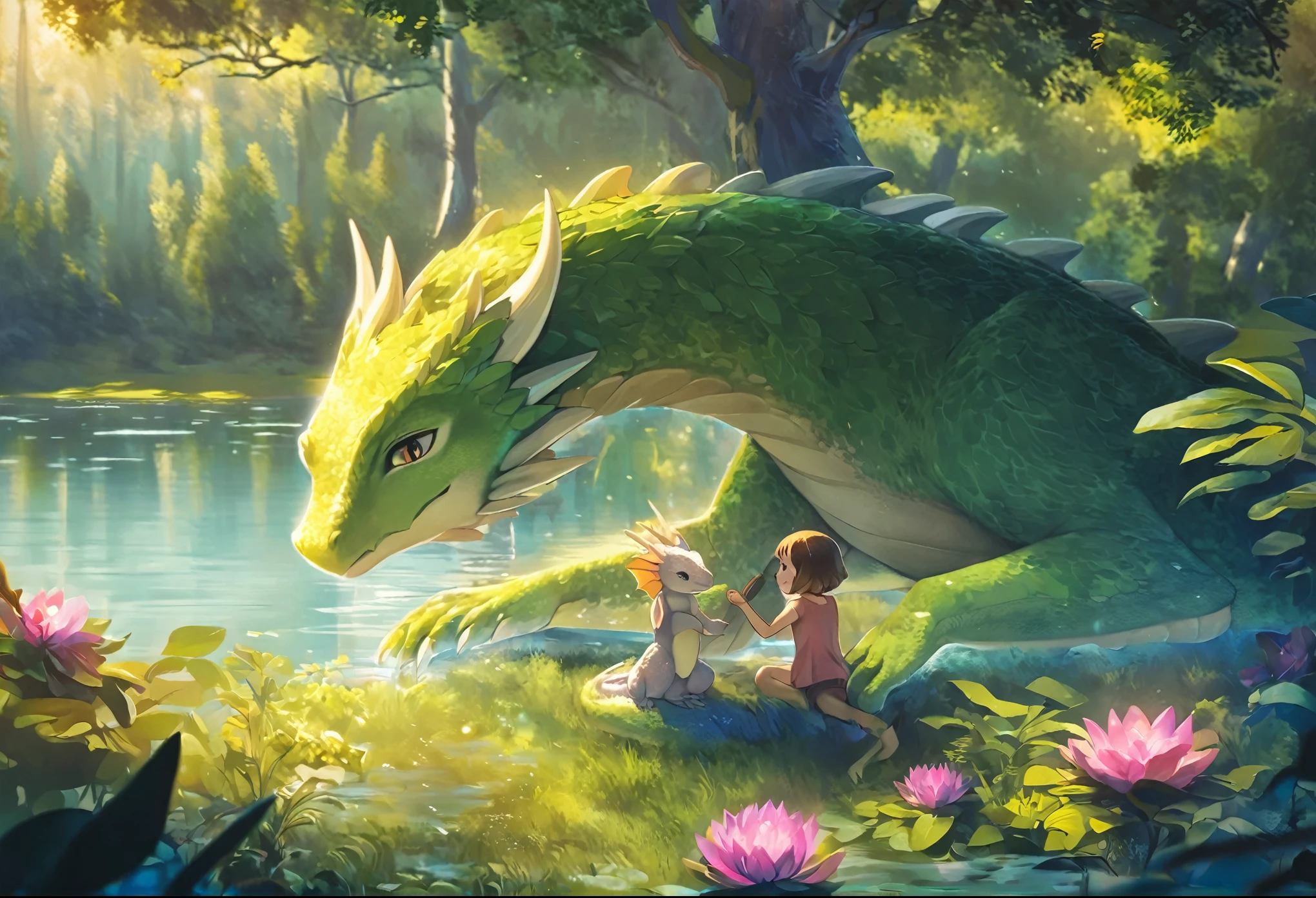 cover page, anime key visual, highres, top quality, best quality, paid reward available, High-quality illustrations, unparalleled masterpiece, perfect artwork, absurdres, Gentle scene, animated style, young girl, tenderly petting, head, body, newly hatched, baby dragon, lush forest, dense, lake, enchantment, magic, strong bond, friendship, rich colors, vibrant, magical environment, forest, lake, soft lighting, dappled, dreamlike, peaceful atmosphere, cinematic lighting,