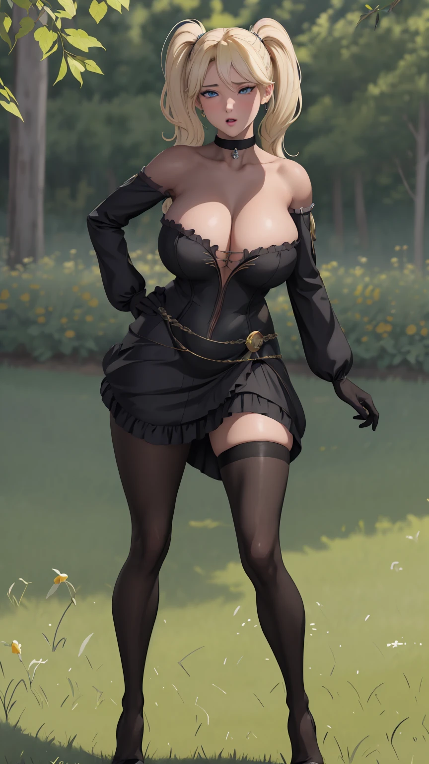 masterpiece, best quality, extremely detail 8k cg, high resolution, 1girl, narukouzumaki, twintails, wisker marks, blonde hair, blue eyes, perfect eyes, slim body, huge breasts, bursting breasts, lacasindress, black thighhighs, cleavage, outdoors, garden, beautiful face, full shot photo, full body