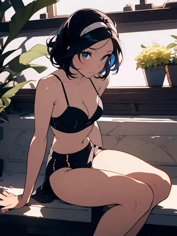 araffe Blanco como la nieve, Blanco como la nieve, estilo moderno de disney, Arco rojo, blue eyes, pelo ????? corto, sitting on a windowsill in a black bra and cuffs, envuelto en correas de cuero, Leather cuffs around the wrists, contenido, arneses y ligas, esposado, esposas,  dominant pose, pose dominante ????,