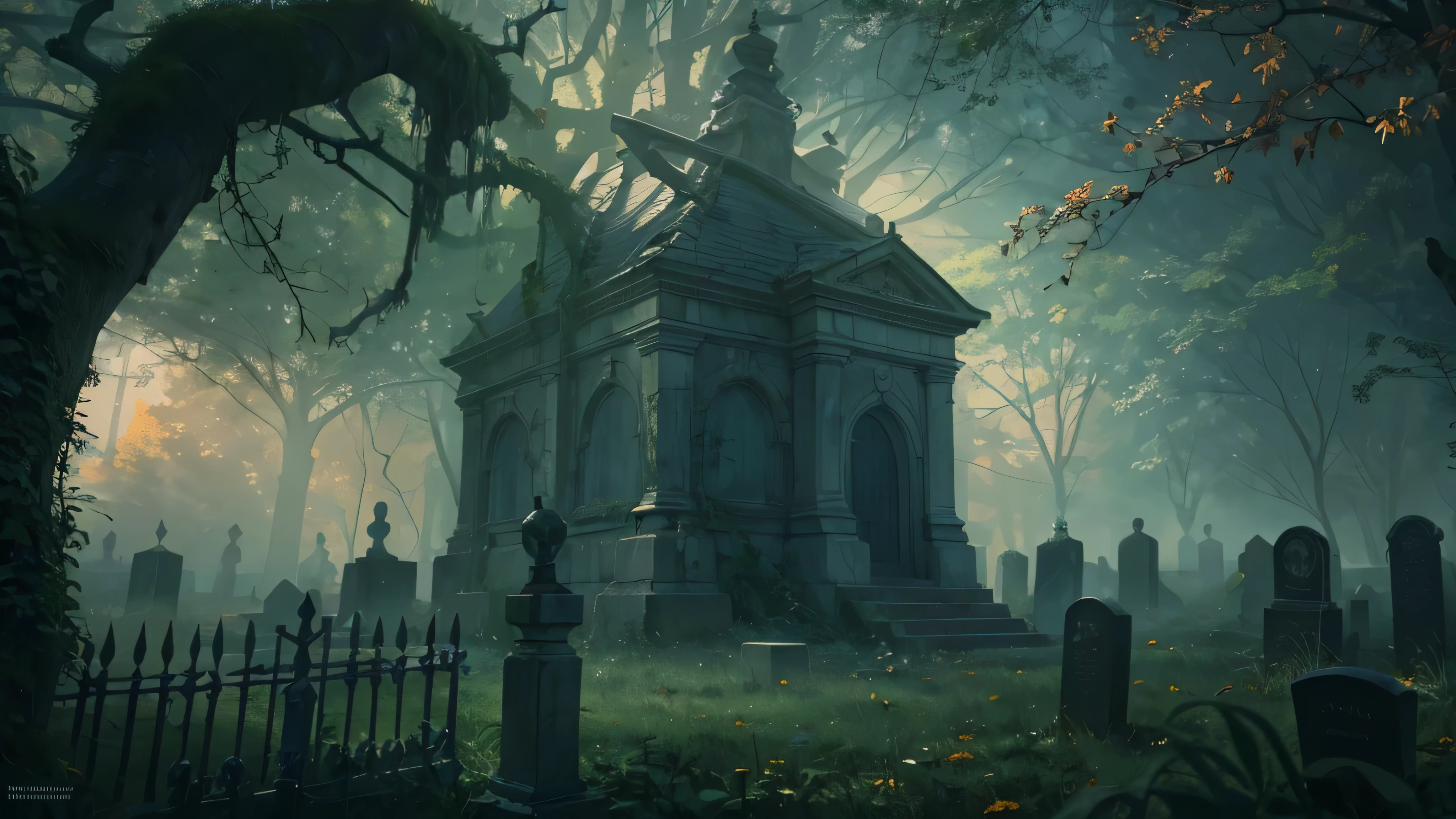 (by Greg Rutkowski: 1.2), (best quality,4k,highres,masterpiece:1.2),ultra-detailed,realistic, HDR, mist, spooky, graveyard, eerie atmosphere, haunting shadows, ancient tombstones, overgrown vines, moonlit sky, ghostly figures lurking in the mist, ethereal fog, creepy silence, chilling presence, paranormal activity, supernatural aura, graveyard spirits, mysterious graves, creaking gates, midnight hour ambiance, macabre ambiance, unsettling stillness, spectral apparitions, somber atmosphere, gothic aesthetic, chilling whispers, haunted history, shadowy corners, decrepit mausoleums