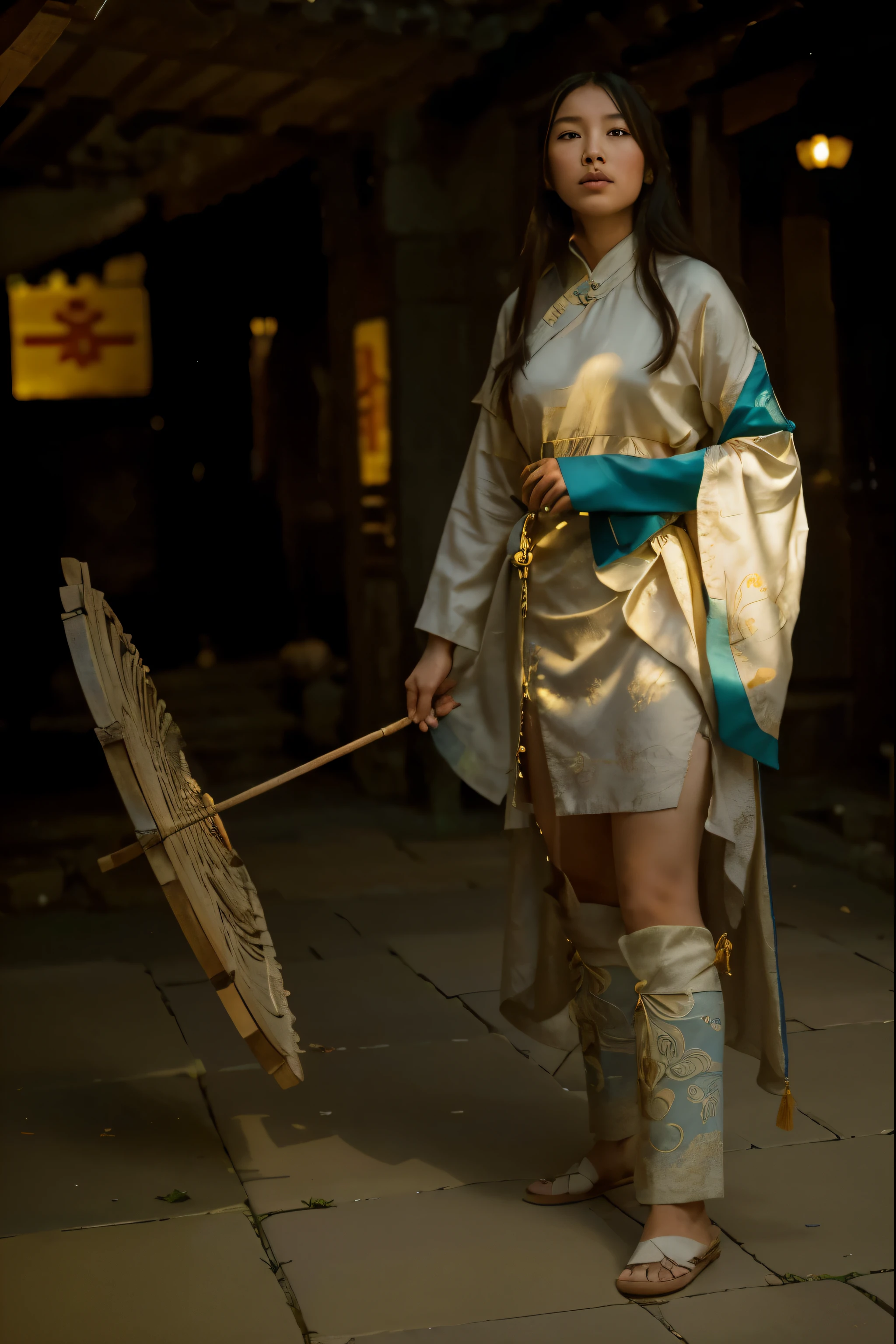 (Best quality, 8k, 32k, Masterpiece, UHD:1.2) Transform the image into the heart of Ancient China, a land steeped in history and tradition. Imagine sprawling landscapes adorned with lush greenery and winding rivers, with majestic mountains rising in the distance. In the foreground, ancient pagodas and temples stand as testaments to the rich cultural heritage of the land.
The air is filled with the scent of incense and the sound of traditional music, as villagers go about their daily lives. Colorful silk banners flutter in the breeze, adding a vibrant touch to the scene. Cherry blossoms bloom in abundance, their delicate petals drifting lazily to the ground.
In the distance, the Great Wall of China stretches as far as the eye can see, a formidable barrier protecting the kingdom from invaders. Lanterns hang from its ancient stones, casting a warm glow over the landscape as day turns to night.
As the sun sets, the sky is painted in hues of orange and gold, casting a magical light over the ancient city. Shadows dance across the landscape, adding to the sense of mystery and wonder that permeates the scene.
In this ancient land of emperors and warriors, time seems to stand still, preserving the beauty and majesty of Ancient China for all eternity.