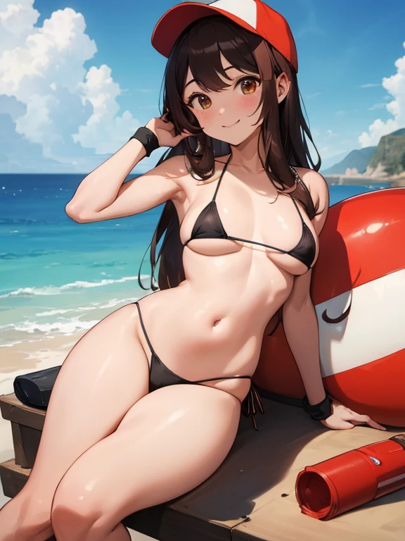 (arte, mejor calidad: 1.2), illustration, 8k, High Definition, 1, alone, torso, (retrato: 1.2), de pie, frente, pechos medianos, micro bikini, bikini sexy, V bikini, bikini de cintura alta, gafas circulares, barriga, guantes, ombligo, gorra de beisbol, rodilleras altas, cola de caballo, botas, brecha del muslo, Brown eyes, sonrisa, cabello rojo