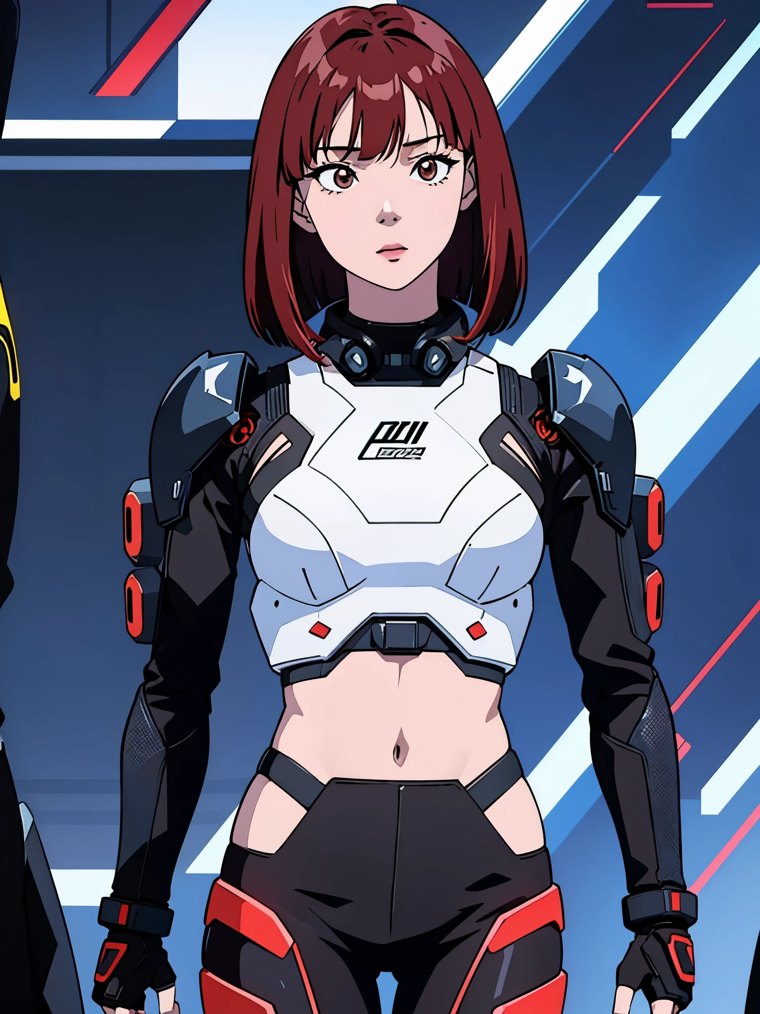 digital art drawing, illustration of (Winter from k-pop group aespa, short red hair with bangs, brown eyes, flat chest, cyborg girl, android, droid, mechanical fusion, exoskeleton, metal robotic arms, evil look, wires and cables connecting to the head, neon details, cyberpunk 2077), anime drawing/art, bold linework, illustration, digital art, masterpiece, flat illustration, no shadows, 8k resolution, high detail, vector art, only anime, perfect eyes, perfect hands, perfect fingers, sharpness, high clarity, medium shot, high fidelity