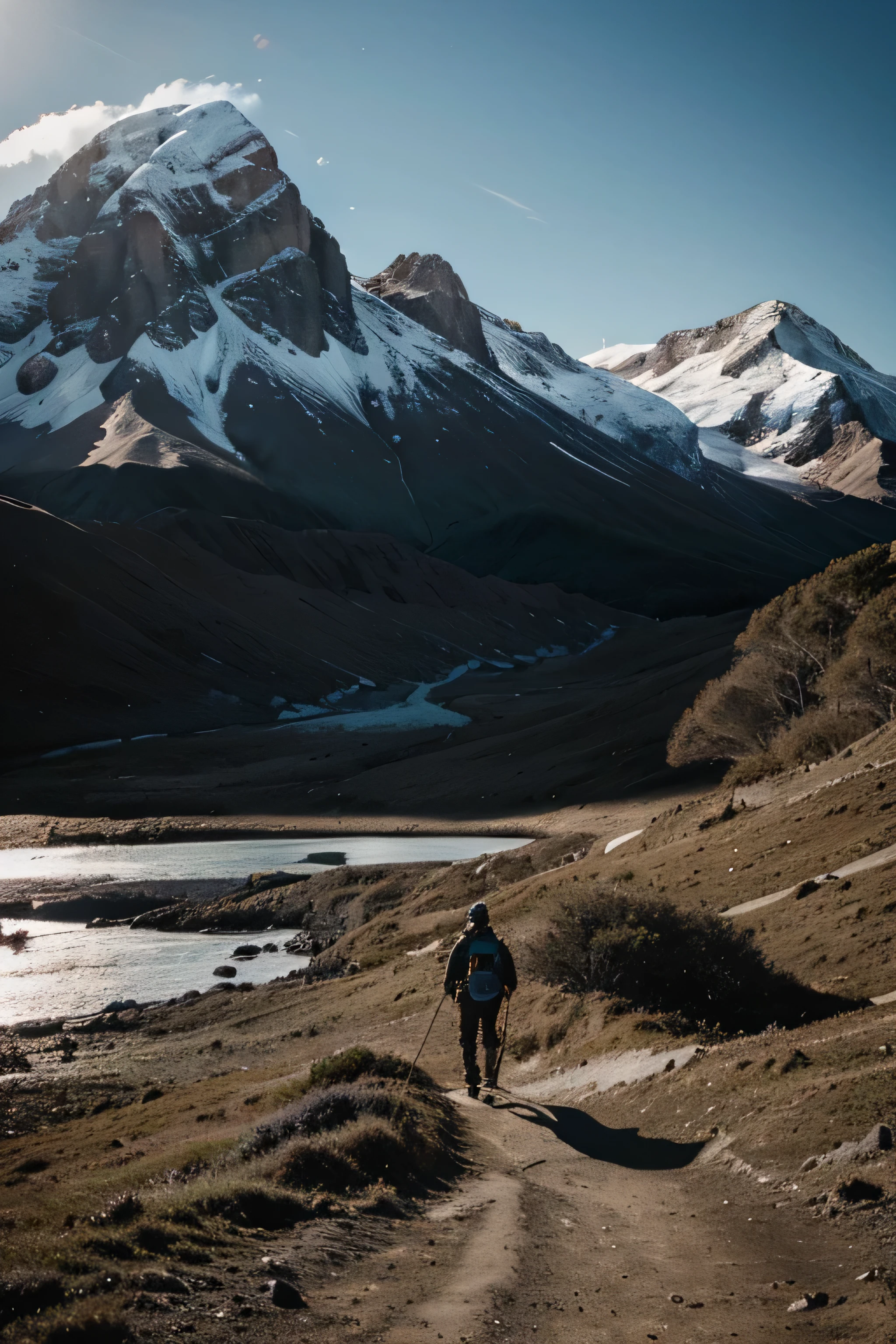 Generate a high-resolution image with rich detail and cinematic style, retratando um homem envolvido em uma luta reflexiva enquanto sobe o imponente pico de uma montanha. The man must be portrayed in a dynamic pose, showing the effort and determination in their journey to reach the summit. Your facial expression should convey a mixture of determination, introspection, and maybe a hint of exhaustion, reflecting the daily struggles of life. The mountain must be represented with rugged terrain and steep cliffs, enfatizando o desafio assustador que temos pela frente. Utilize advanced textures and lighting effects to convey the harshness of the environment and the emotional depth of the man's journey. The general mood of the image should be one of resilience, perseverance, and the tireless search for personal growth. Clima sombrio, cabana
