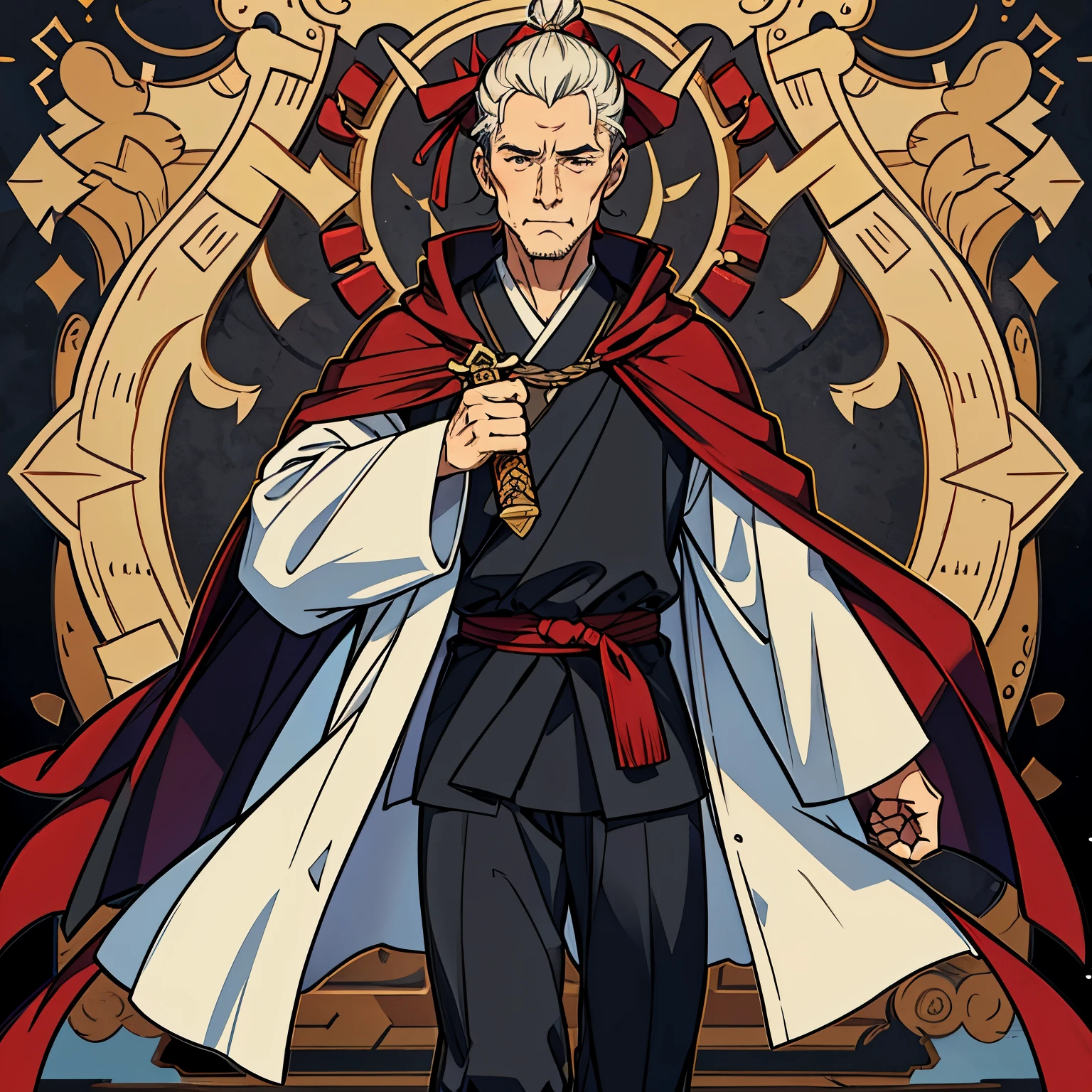 Name: William Blackwood
Appearance:
- William is an elderly sword master, with long graying hair tied in a traditional Japanese topknot, adorned with a red ribbon.
- His face is marked by years of experience and wisdom, with deep wrinkles around his eyes and forehead.
- He has piercing, dark, and serious eyes that shine with determination and accumulated wisdom over the years.
- His posture is upright and firm, reflecting his discipline and inner strength.
- William wears a worn and weathered traveler's attire, consisting of a simple yet sturdy tunic and trousers in earthy tones.
- Over his clothing, he wears a faded cloak that billows behind him as he walks, protecting him from the elements.
- Despite his humble attire, William still carries his ancestral katana in its sheath on his back, a symbol of his lifelong dedication to the way of the sword.