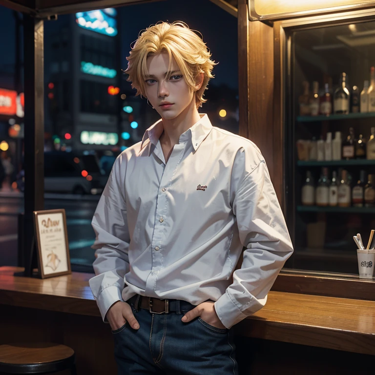 handsome, anime young man, blonde hair, blue eyes, smoking cigarette outside a bar at night, wearing baggy clothes